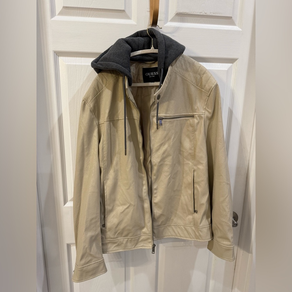 GUESS Men's Beige Jacket with Dark Hood